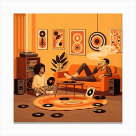 A man and woman relax on an orange couch, enjoying music from a vintage record player in a cozy setting. Canvas Print