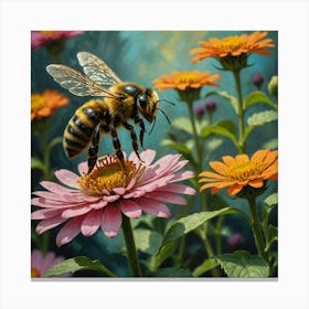 Bee On Flowers Canvas Print