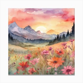 Watercolor Of Mountains And Flowers Canvas Print