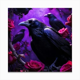 A Spectral Gathering Of Crows Perched And Gliding Gracefully Amongst Blooming Roses And Sinister Th Canvas Print