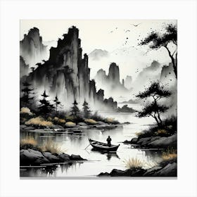 A serene river with small boat surrounded by the breathtaking cliffs Canvas Print