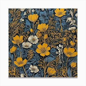 Linocut Flower Meadow Mustard Blue Art Print 2 Canvas Print