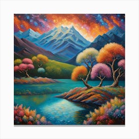 Enchanted Isle: Colorful Fantasy Landscape with Luminous Mountain Backdrop wall art Canvas Print