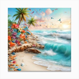 Beach Scene With Palm Trees Canvas Print