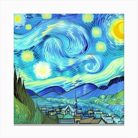 Roots of the Past: A Rustic Village Vista Starry Night Canvas Print