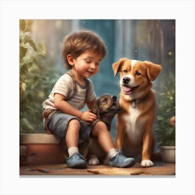 A beautiful and cute child plays with his dog Canvas Print