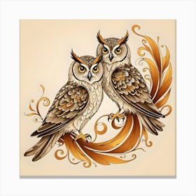 Pair of Orange, Yellow and Brown Owls Canvas Print