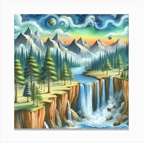 Pine Tree Valley Waterfall (Mystic Surrealism) Style A Canvas Print
