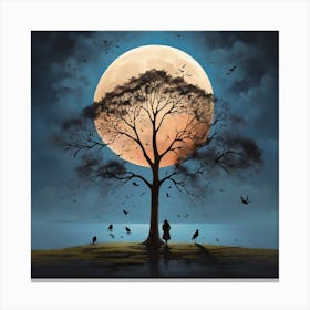 Shadow of the girl with the tree near the full moon 2 Canvas Print