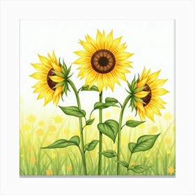 Bright Watercolor Sunflowers Standing Tall In A Field Canvas Print