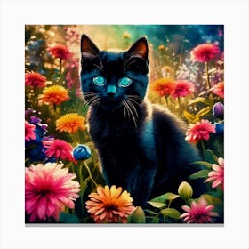 Black Cat In Flowers Canvas Print