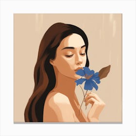 Girl Smelling Blue Flower Canvas Print