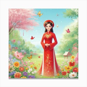 Chinese Girl In The Garden Canvas Print