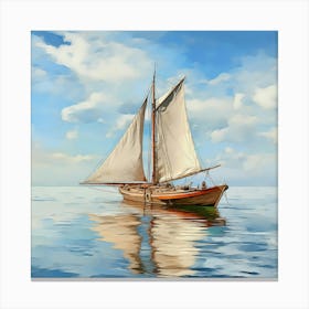 Sailing Boat On Serene Waters With Blue Sky And White Clouds Canvas Print