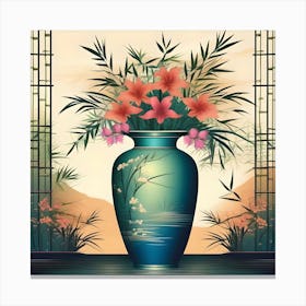 Flower Vase Decorated with Bamboo, Turquoise, Green, Beige, Coral and Pink Canvas Print