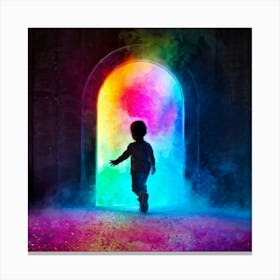 Child Walking Through A Rainbow Colored Door Canvas Print