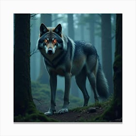 Giant Wolf With Glowing Eyes, Standing In An Enchanted Forest 1 Canvas Print