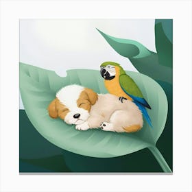 Puppy And Parrot On Leaf Canvas Print