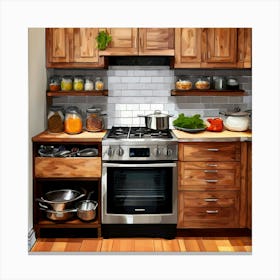 Kitchen With Wooden Cabinets Canvas Print