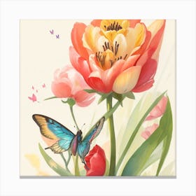 Tulip Rose With A Butterfly Standing On I Canvas Print