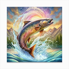 Salmon Leaping In A Mountain River At Sunset Canvas Print