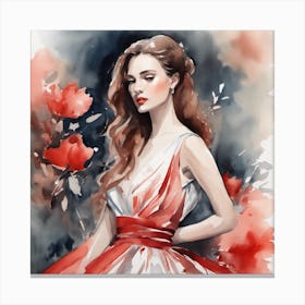 Watercolor Of A Woman In Red Dress Canvas Print