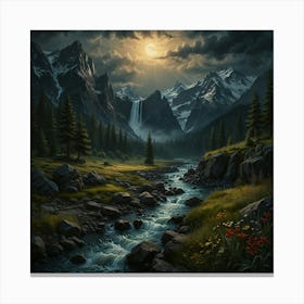 Mountain Stream At Night Canvas Print