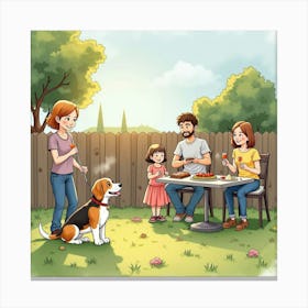 A Beagle And A Family Having A Barbecue In The Backyard, Watercolor 1 Canvas Print