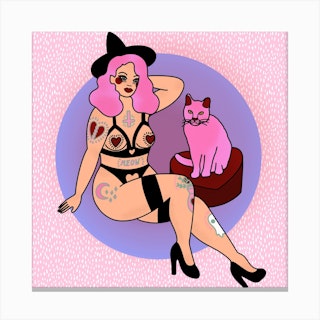 Pink Hair Pin Up Witch And Kitty Cat 2 Square Canvas Print