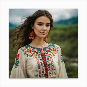 A Cute Woman Wearing An Embroidered Dress Canvas Print