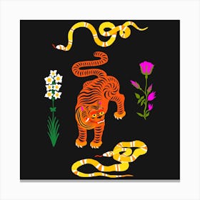Tiger And Snakes Flowers Square Canvas Print