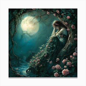 Girl Under The Moon Sitting On A Rose Tree Canvas Print