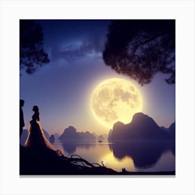 A romantic and enchanting moonlit scene with a silhouetted couple2 Canvas Print