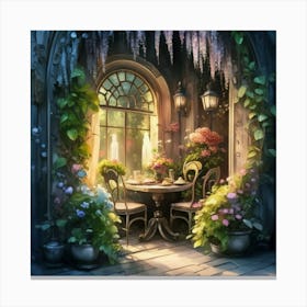 Quiet and attractive dining nook, overgrown flowers, high quality, detailed, highly 3D, elegant carved cart, 23 Canvas Print