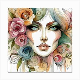 Watercolor Of A Woman With Flowers 16 Canvas Print