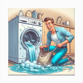 Man Washing Clothes In The Washing Machine Canvas Print