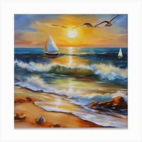 Oil painting design on canvas. Sandy beach rocks. Waves. Sailboat. Seagulls. The sun before sunset.20 Canvas Print