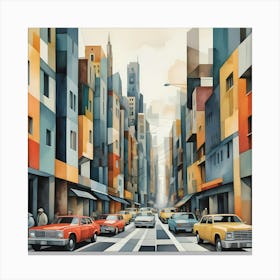 A chaotic Cubist City Street With Overlapping Buildings, Vehicles, and Pedestrians, Painting Art Canvas Print