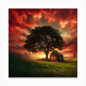 A Serene Countryside Landscape At Sunset With A Small Cozy Wooden Cottage Under A Large Majestic T 384679130 Canvas Print