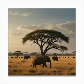 A Vast Savannah With Acacia Trees And A Herd Of Elephants In The Distance 2 Canvas Print