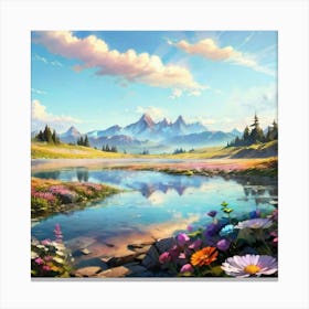 Mountain Landscape With Flowers Canvas Print