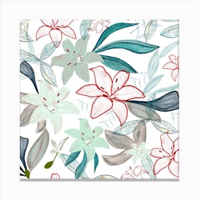 Jungle Warrior Exotic Lily Hand Painted Artistic Pattern White Background Square Canvas Print