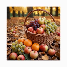 A Wicker Basket Filled With An Abundance Of Ripe Fruits Like Apples, Oranges And Grapes Arranged Neatly On The Ground Surrounded By Leaves 2 Canvas Print
