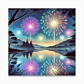 New Year Fireworks Over the Lake Wall Art: A Stunning Scene to Welcome 2025 for Festive and Tranquil Home Decor Print Art Canvas Print