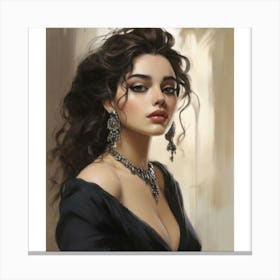 stunning woman with dark, luscious hair, dressed in a sleek black gown, adorned with intricate silver jewelry. She exudes confidence and poise, her piercing gaze capturing the attention of the viewer. Canvas Print