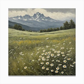 Vintage Oil Painting of Wild Flowers in a Meadow, Mountains in the Background 14 Canvas Print