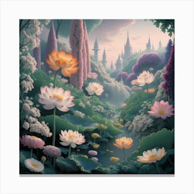 Fantastical Garden: Lotus Blooms and Whimsical Towers 2 Canvas Print