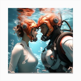 3d Dslr Photography Couples Inside Under The Sea Water Swimming Holding Each Other, Cyberpunk Art, By Krenz Cushart, Both Are Wearing A Futuristic Swimming With Helmet Suit Of Power Armor 6 Canvas Print