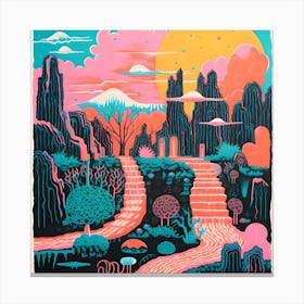 Vibrant Surreal Risograph Style Landscape, Alien Canvas Print