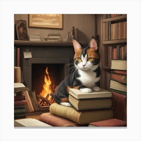 Cat Sitting On Books Canvas Print